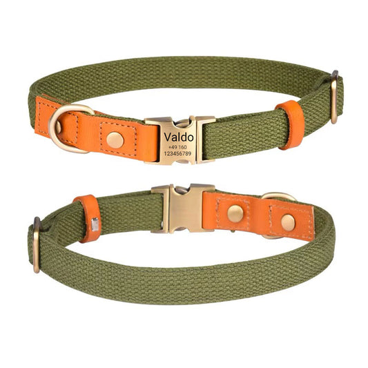 Collare per cani "Valdo" con incisione - robusto tessuto PE e pelle - ottone opaco - blu navy, azzurro o verde (S-L)