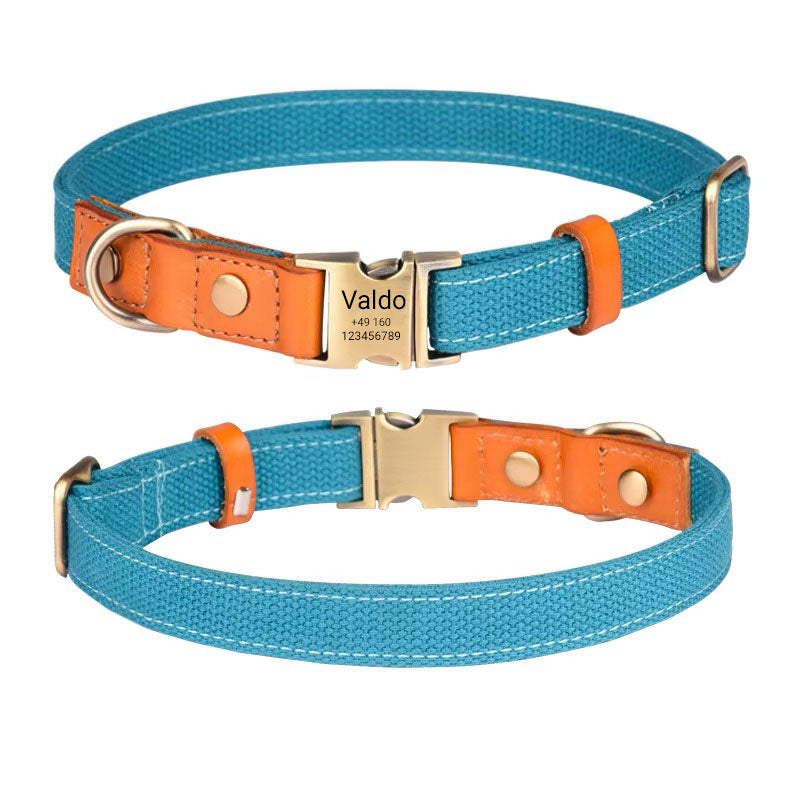 Collare per cani "Valdo" con incisione - robusto tessuto PE e pelle - ottone opaco - blu navy, azzurro o verde (S-L)