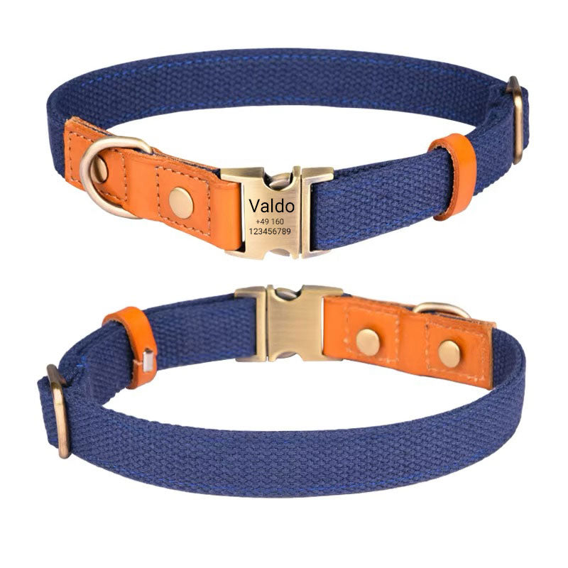 Collare per cani "Valdo" con incisione - robusto tessuto PE e pelle - ottone opaco - blu navy, azzurro o verde (S-L)