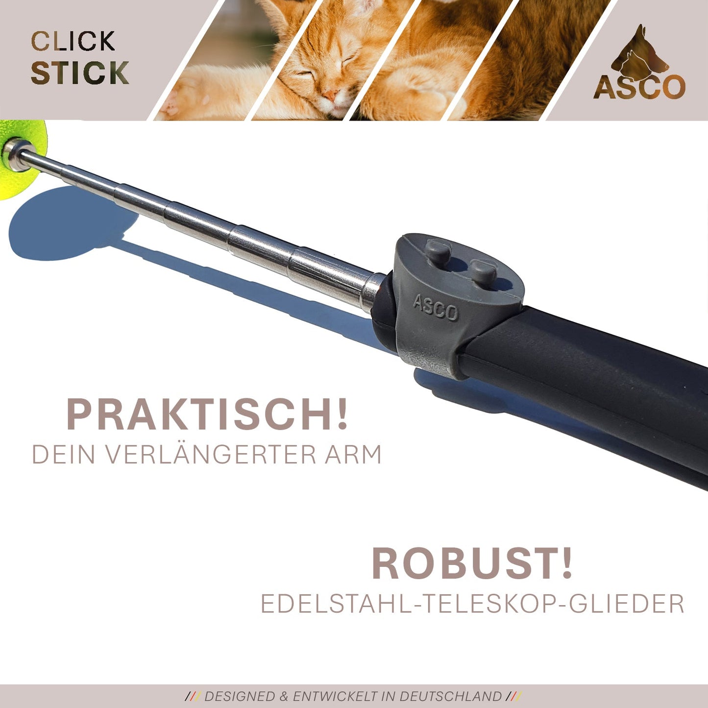 ASCO ClickStick - Bastone bersaglio con clicker premium staccabile - Bastone bersaglio per l'addestramento a click del cane e del gatto - Bastone bersaglio allungabile con clicker extra - Bastone bersaglio per l'addestramento a target