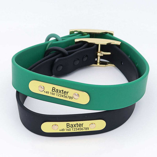 Collare impermeabile in biothane per cani "Baxter" con incisione - Nome e numero di telefono - Outdoor - Verde o nero - S, M, L
