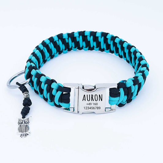 Collare per cani in paracord "Auron" con incisione del nome e del telefono sulla fibbia, tre misure diverse