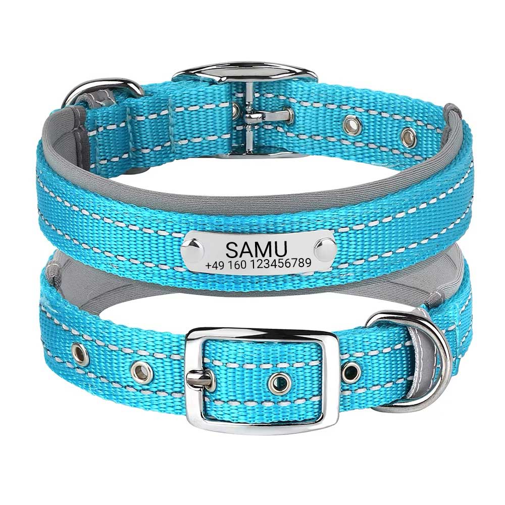 Collare per cani "Samu" inciso con cuciture di sicurezza riflettenti. Personalizzazione con nome e numero di telefono
