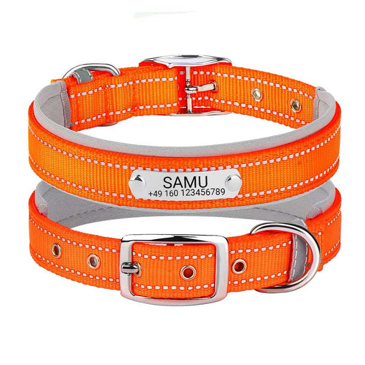 Collare per cani "Samu" inciso con cuciture di sicurezza riflettenti. Personalizzazione con nome e numero di telefono