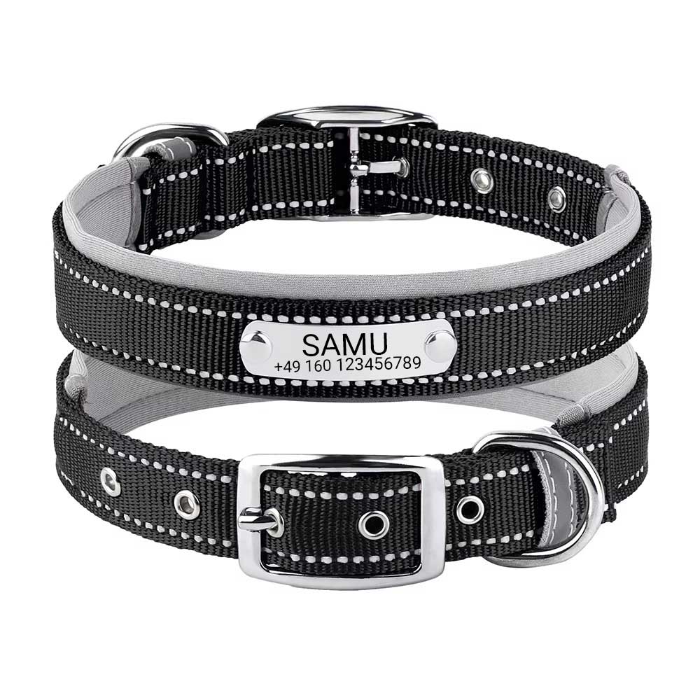 Collare per cani "Samu" inciso con cuciture di sicurezza riflettenti. Personalizzazione con nome e numero di telefono