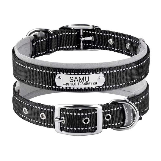 Collare per cani "Samu" inciso con cuciture di sicurezza riflettenti. Personalizzazione con nome e numero di telefono
