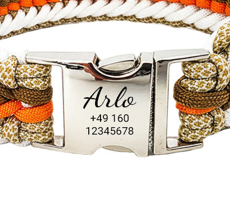Arlo - Collare per cani in paracord fatto a mano con incisione | Arancione-Marrone-Bianco-Beige